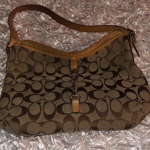 Coach Brown Signature Canvas Shoulder Bag with Tan Leather Trim